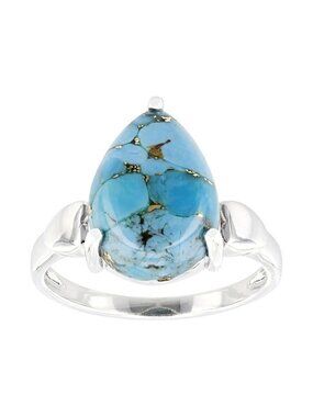 Blue Turquoise Teardrop Cabochon Ring Rhodium Plated Sterling Silver Size 9